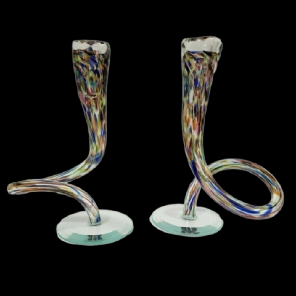 Vintage Candlesticks Hand Blown Michael Hudson Twisted Glass Confetti Set of 2 - Picture 4 of 15